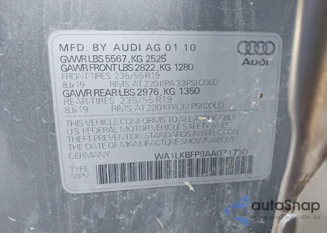 2010 Audi Q5 3.2 Premium from USA, damaged, VIN WA1LKBFP9AA071730